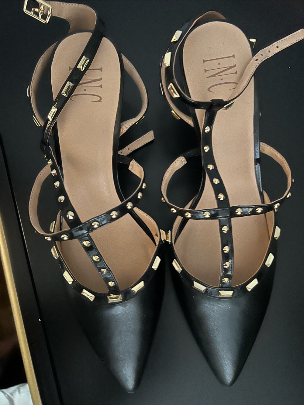 INC International Concepts Black Pointed-Toe T-Strap Flats with Gold Studs